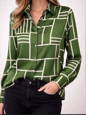 HAVER London Blouse women’s Size M Green Geometric Button-Up(A205)”✨